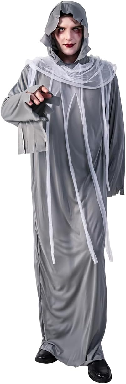 Disfraz de fantasma para adulto, cosplay para hombre, túnica aterradora con capucha