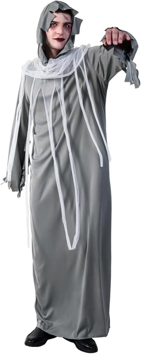 Disfraz de fantasma para adulto, cosplay para hombre, túnica aterradora con capucha