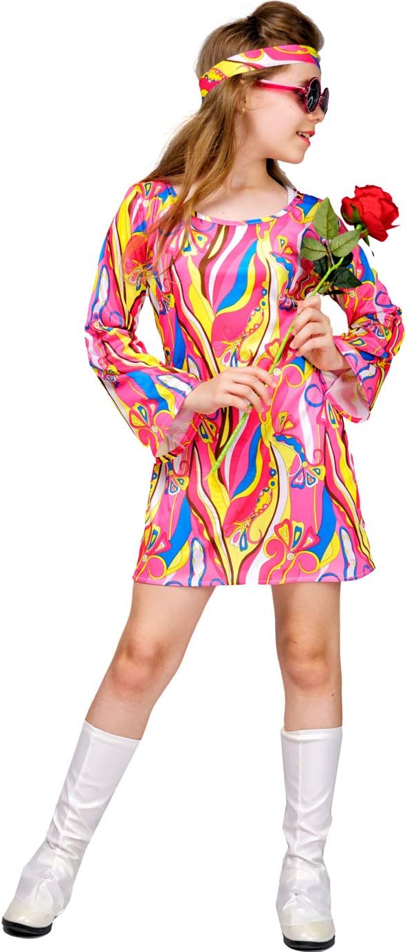 Kid's 70s 80s Flower Hippie Disco Groovy Dress Costume for Halloween and Cosplay