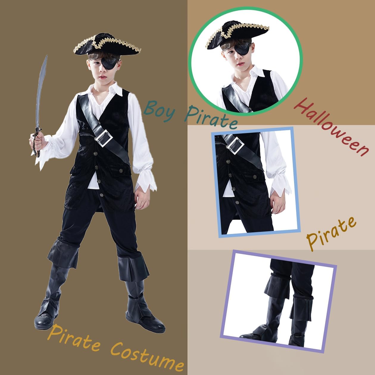 Boys Pirate Costume Kids Buccaneer Outfit Role Play Child Halloween Party Dress Up