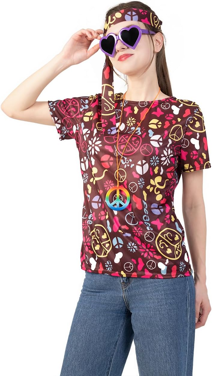 70s Hippie T-Shirts for Women 60s Costume Halloween Flower Print Vintage Style