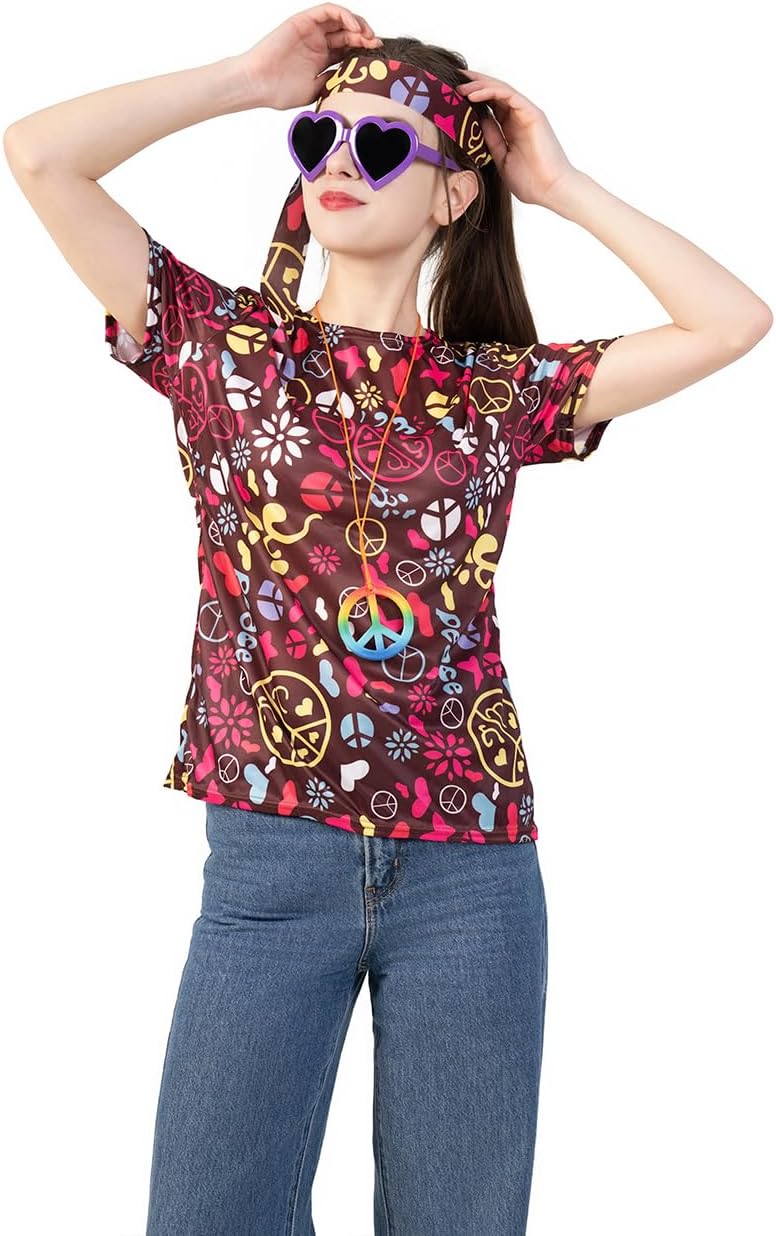 70s Hippie T-Shirts for Women 60s Costume Halloween Flower Print Vintage Style
