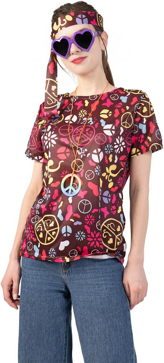 70s Hippie T-Shirts for Women 60s Costume Halloween Flower Print Vintage Style