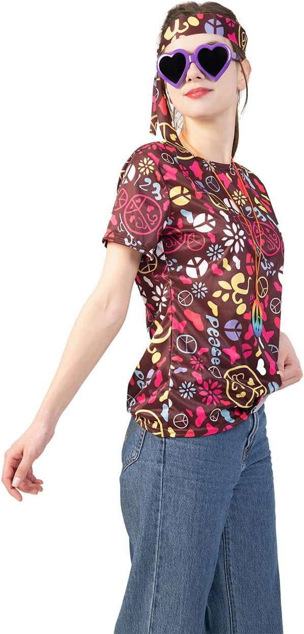 70s Hippie T-Shirts for Women 60s Costume Halloween Flower Print Vintage Style