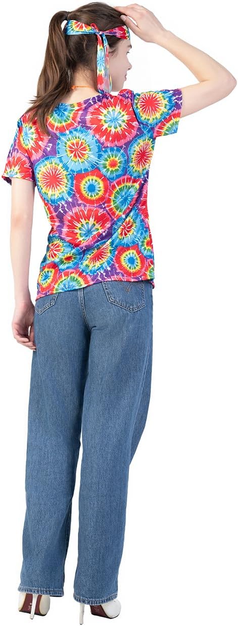 Camiseta hippie de los 70 para mujer, disfraz de los 60, top vintage tie-dye para Halloween