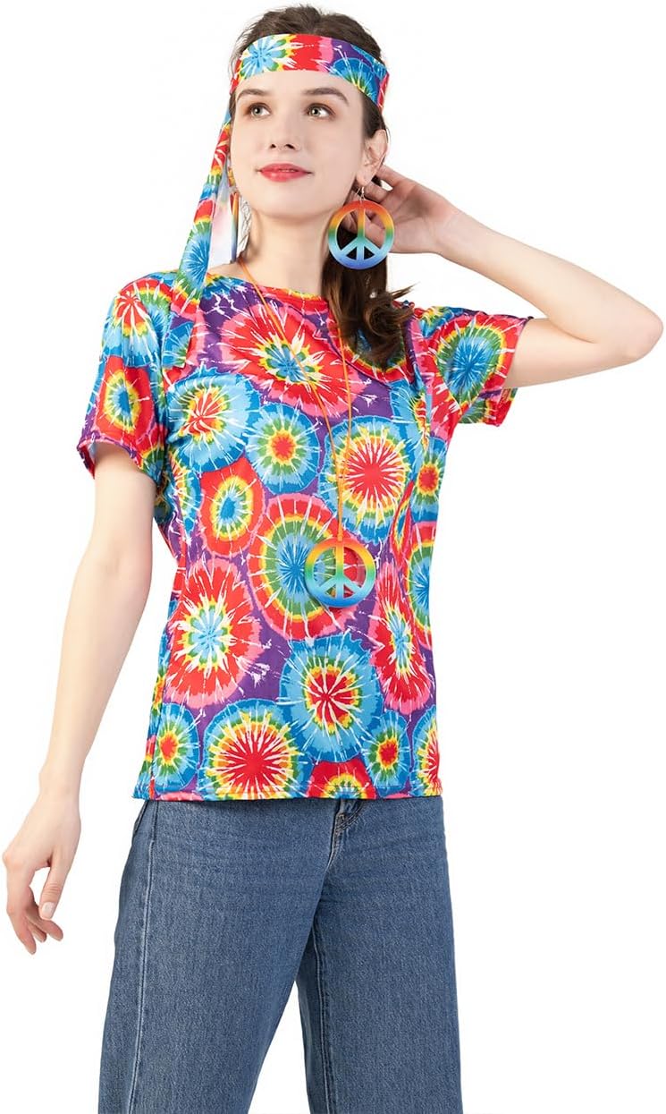 Camiseta hippie de los 70 para mujer, disfraz de los 60, top vintage tie-dye para Halloween