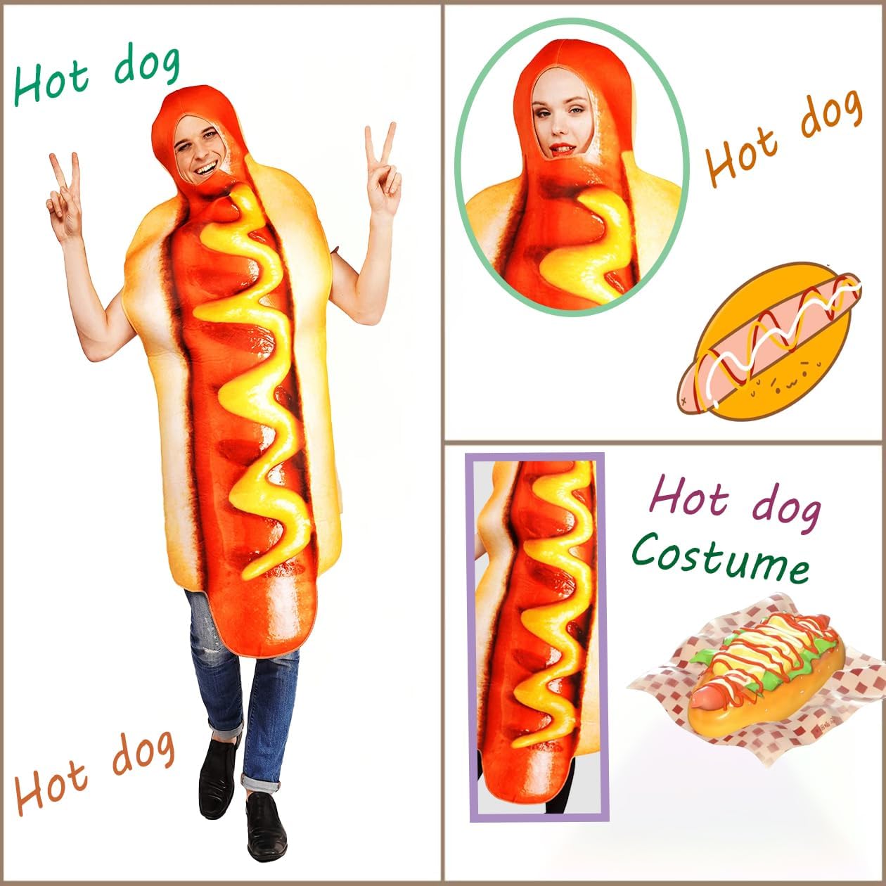 Unisex Adult Hot Dog Costume Jumpsuit for Halloween and Cosplay