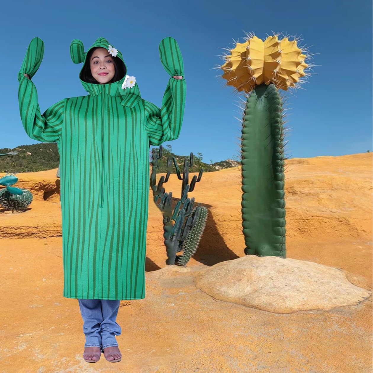 Unisex Adult Cactus Costume Green Plant Jumpsuit Halloween Cosplay Outfit