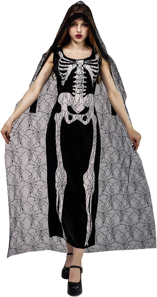 Women's Spider Web Skeleton Evil Witch Costume for Halloween