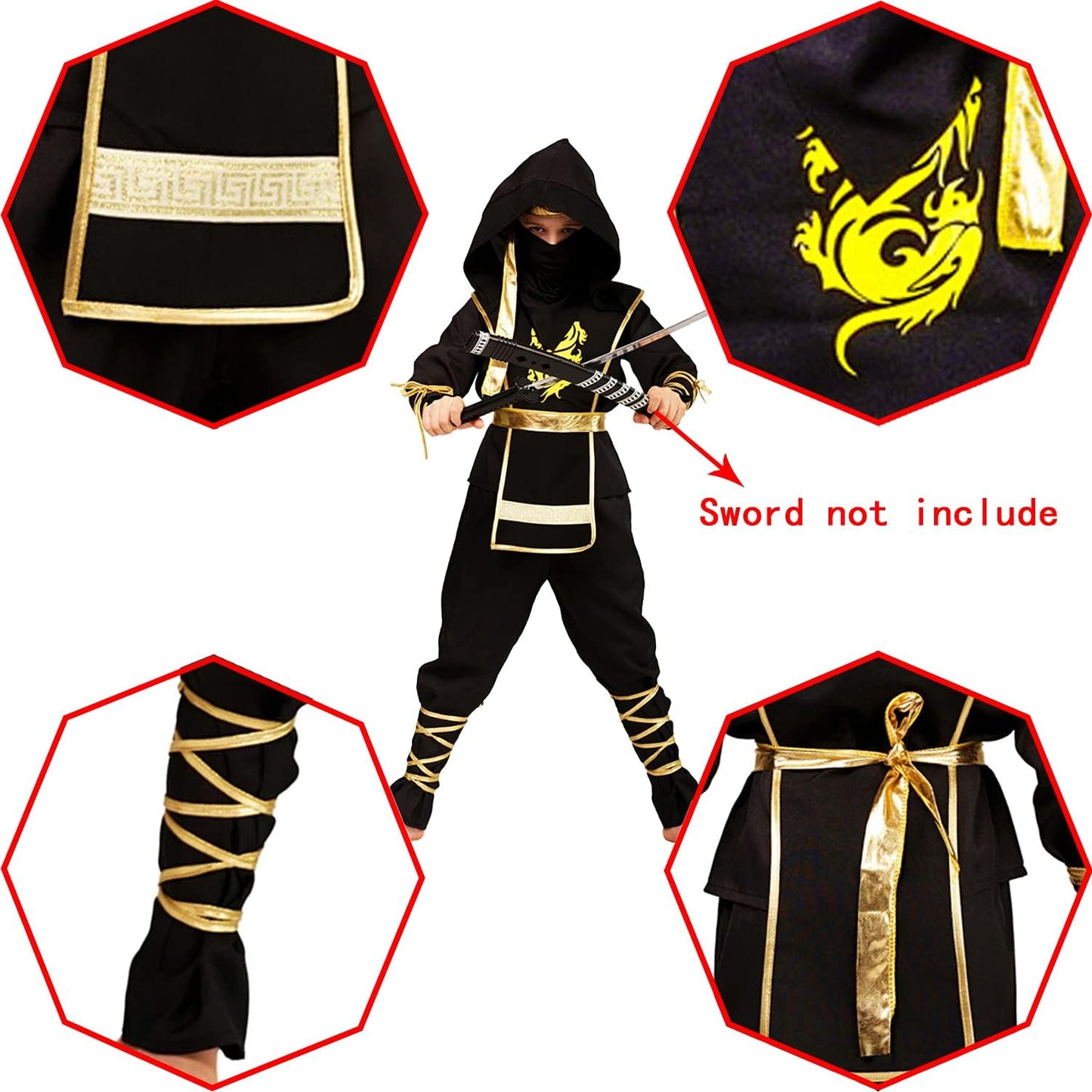 Boys Golden Dragon Ninja Cosplay Halloween Costume