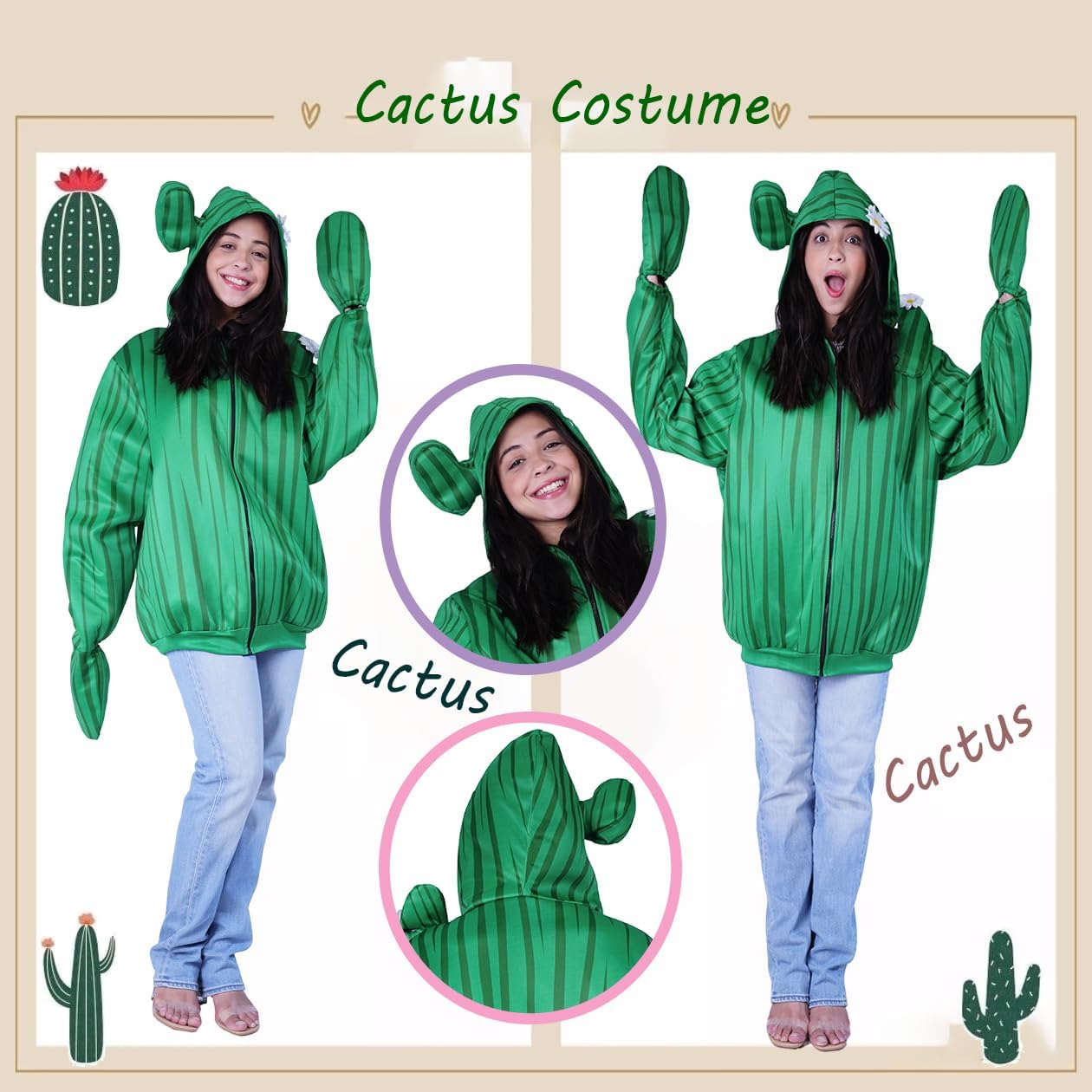 Adult Women's Green Plant Cactus Jacket with Hat Cosplay Costume