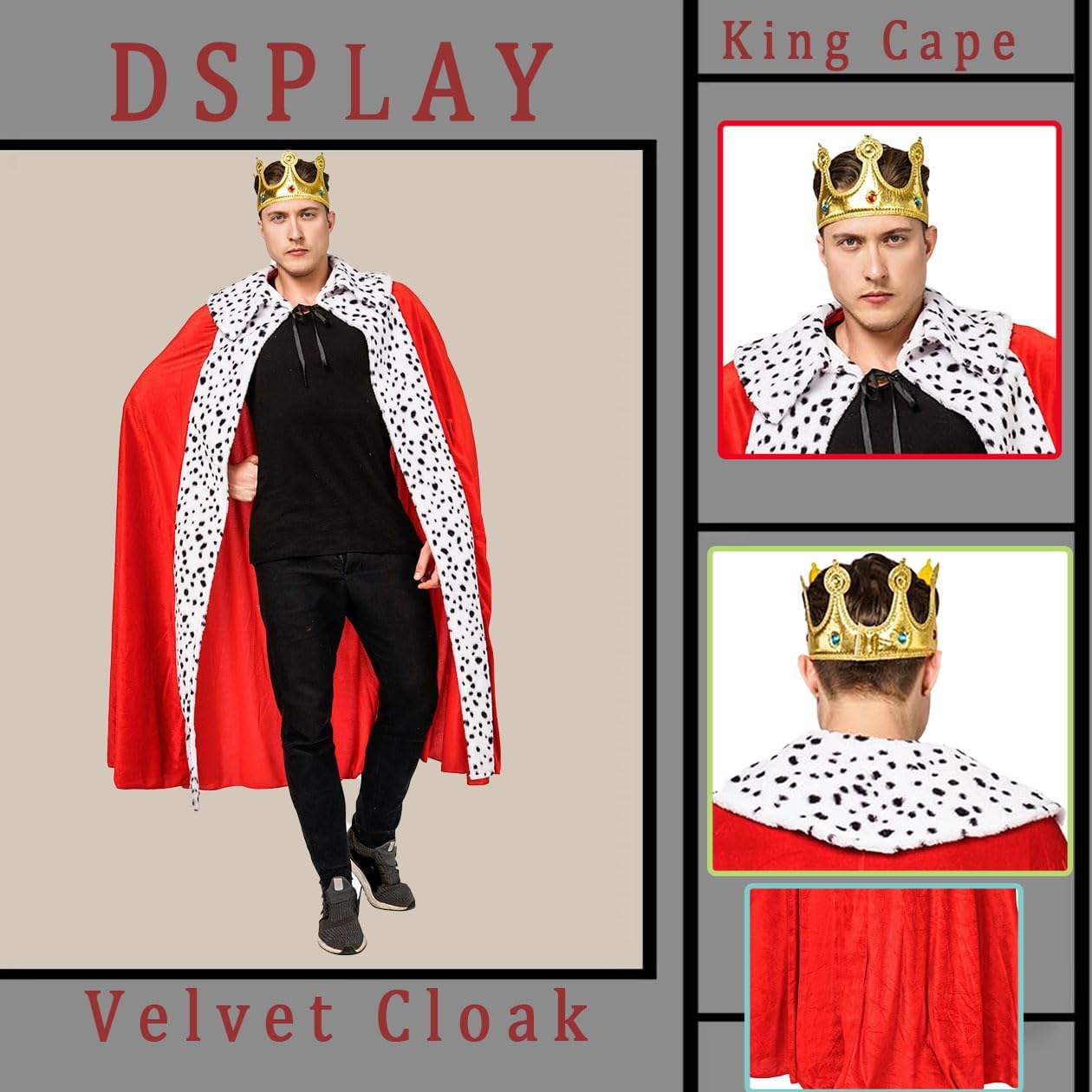 Royal King Cape Costume Set for Men with Crown - Medieval Renaissance Halloween Cosplay