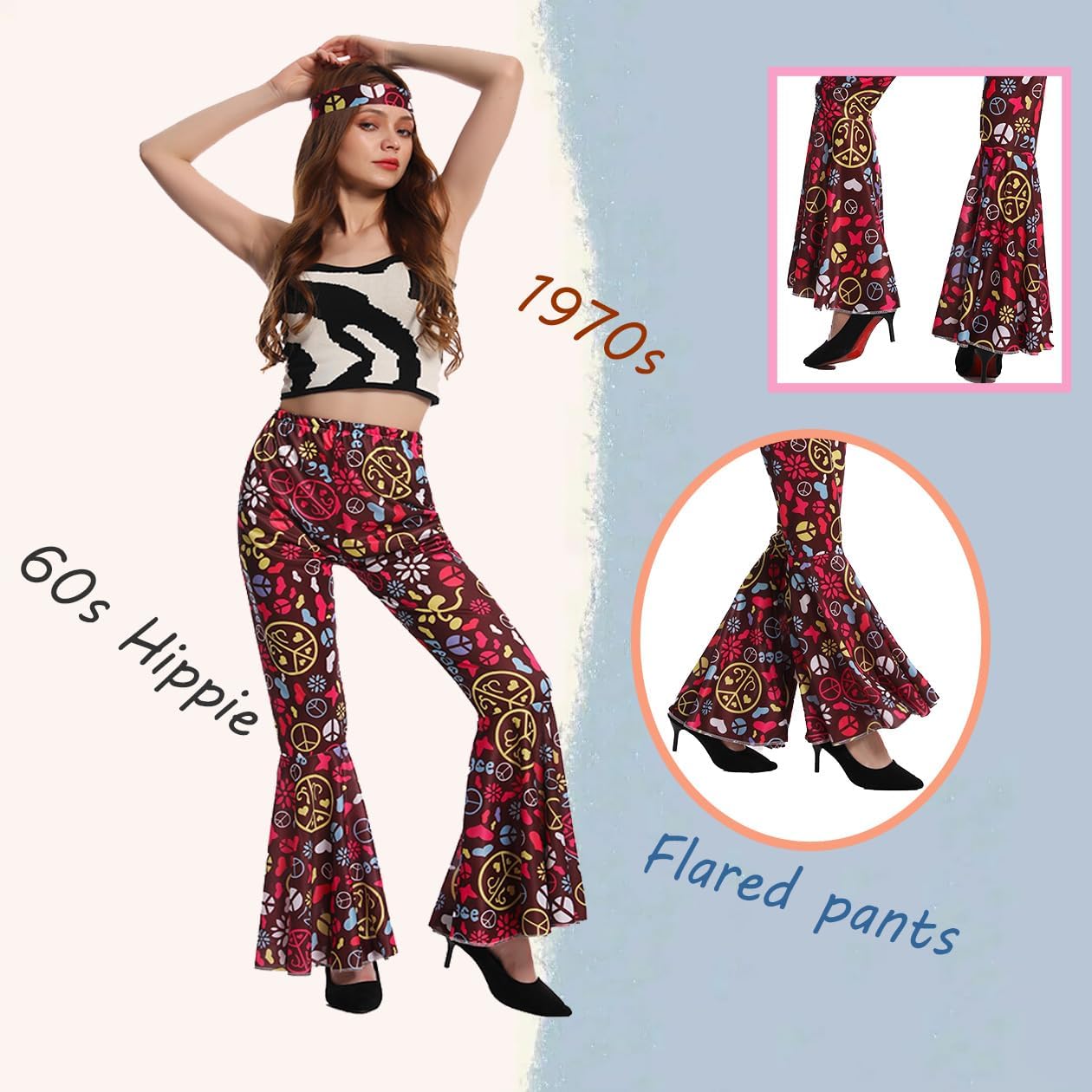 70s women hippie costume 60s disco pants for cosplay Halloween vintage party