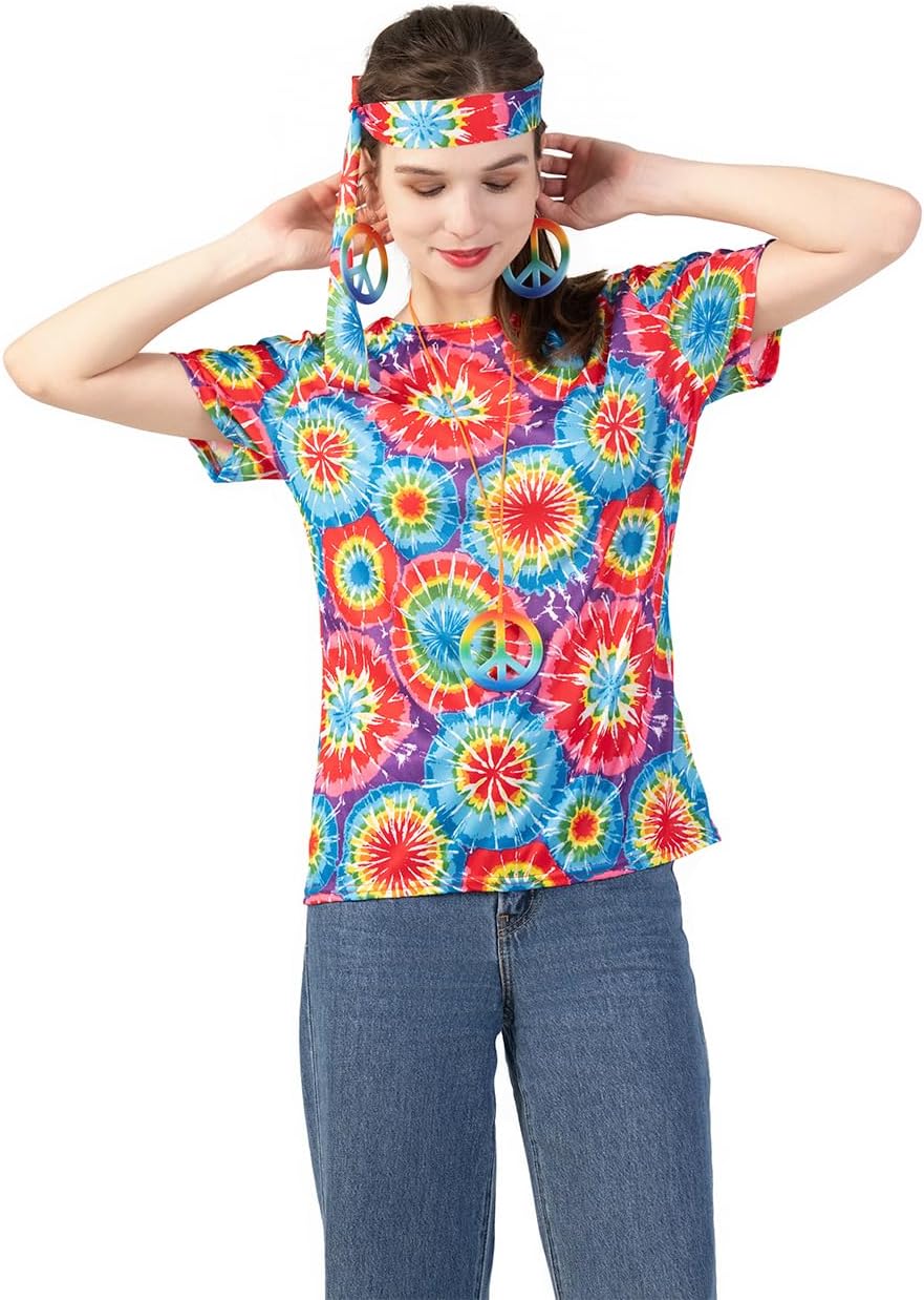Camiseta hippie de los 70 para mujer, disfraz de los 60, top vintage tie-dye para Halloween