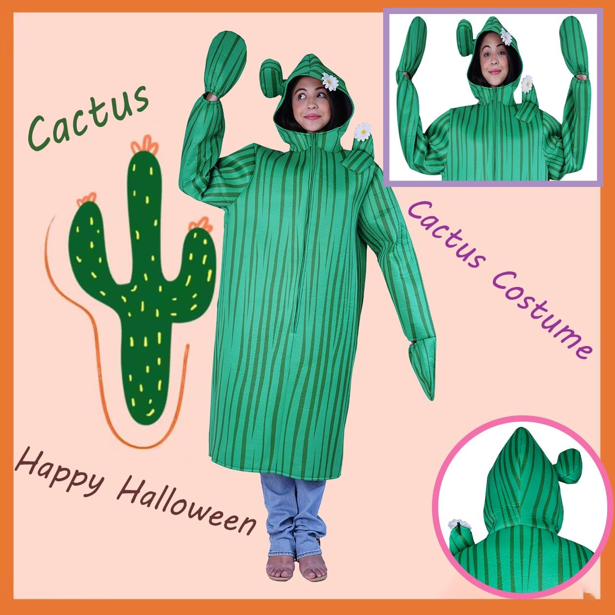 Unisex Adult Cactus Costume Green Plant Jumpsuit Halloween Cosplay Outfit