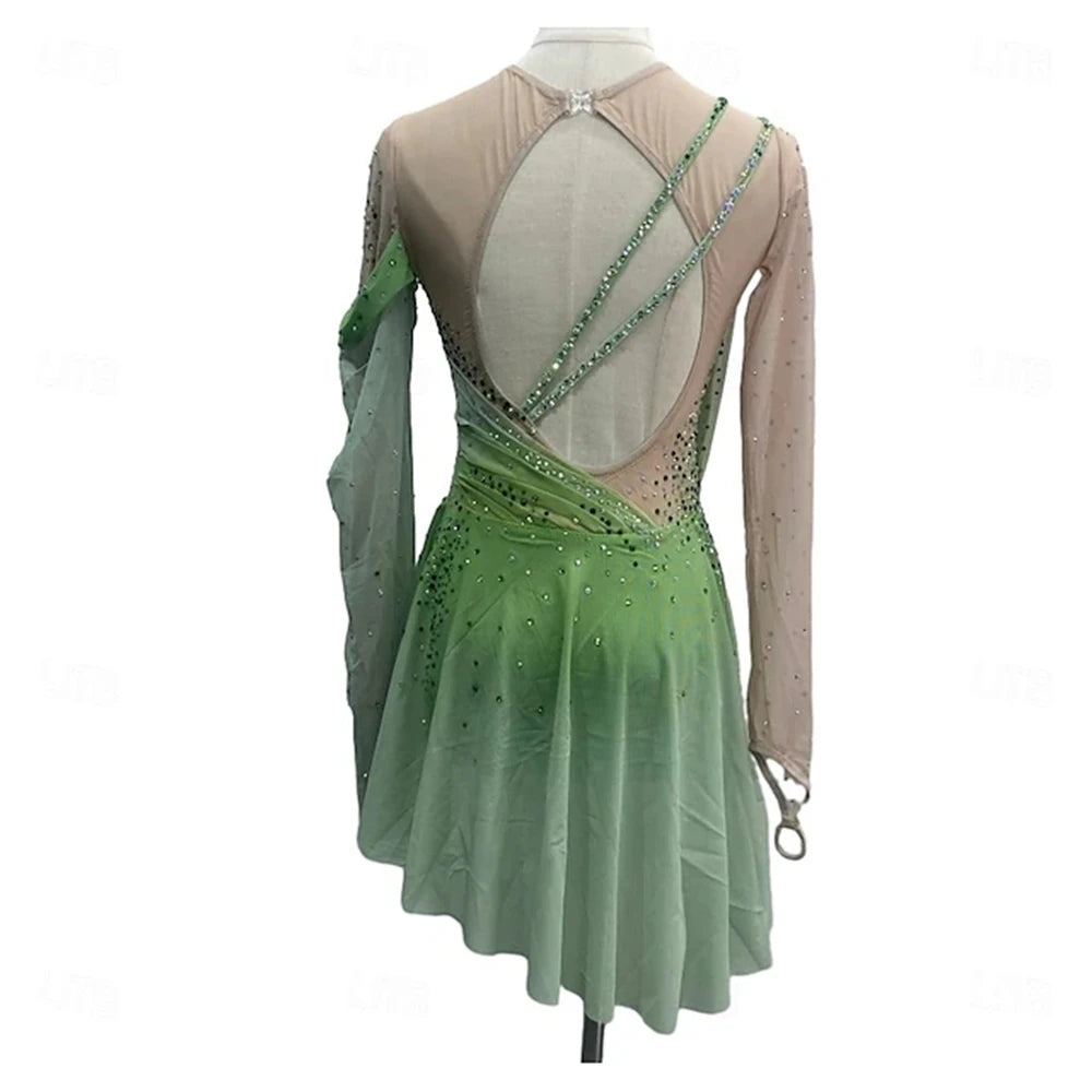 Figure Skating Dress Girl Patchwork Thumbhole Mesh Spandex Stretchy Training Practice Professional Skating Wear Rhinestone Long