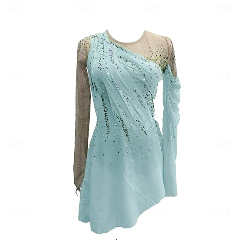 Figure Skating Dress Girl Patchwork Thumbhole Mesh Spandex Stretchy Training Practice Professional Skating Wear Rhinestone Long