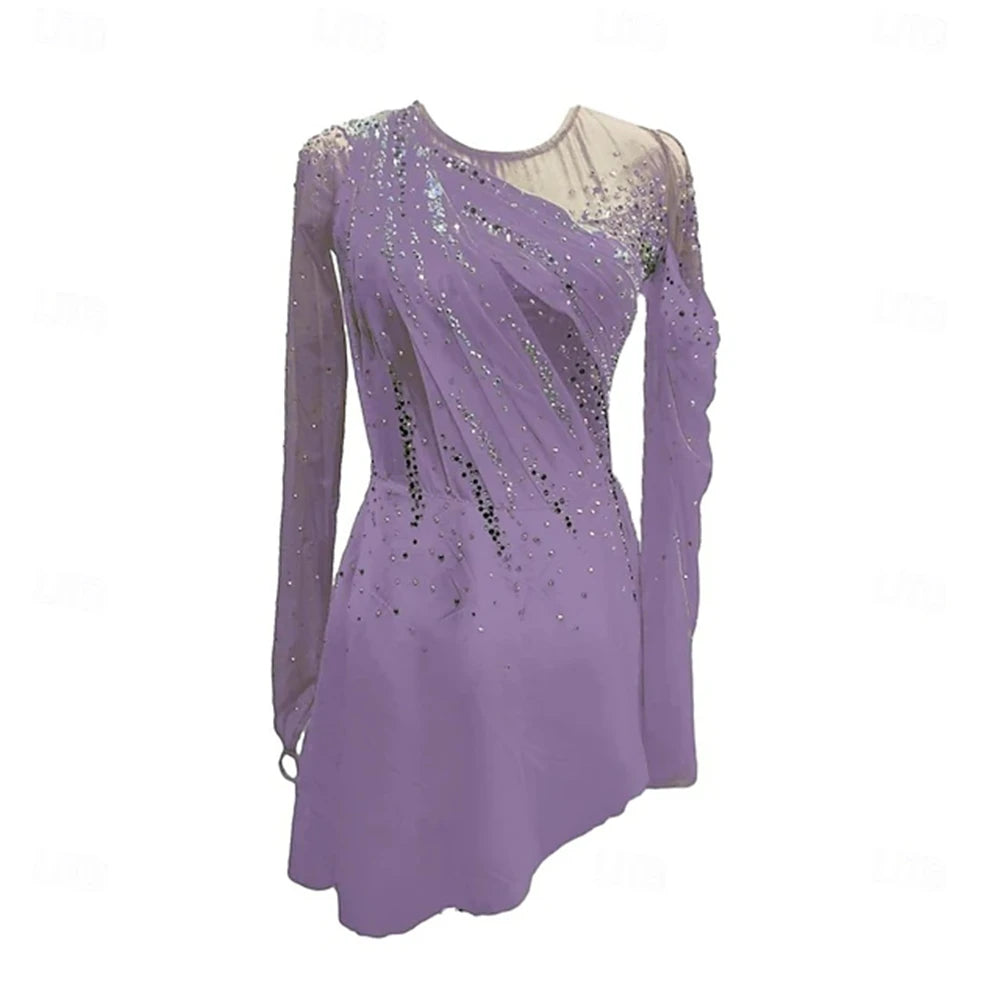 Figure Skating Dress Girl Patchwork Thumbhole Mesh Spandex Stretchy Training Practice Professional Skating Wear Rhinestone Long