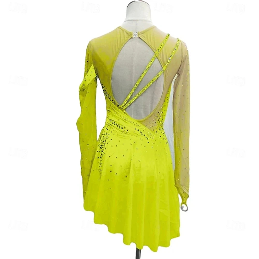 Figure Skating Dress Girl Patchwork Thumbhole Mesh Spandex Stretchy Training Practice Professional Skating Wear Rhinestone Long