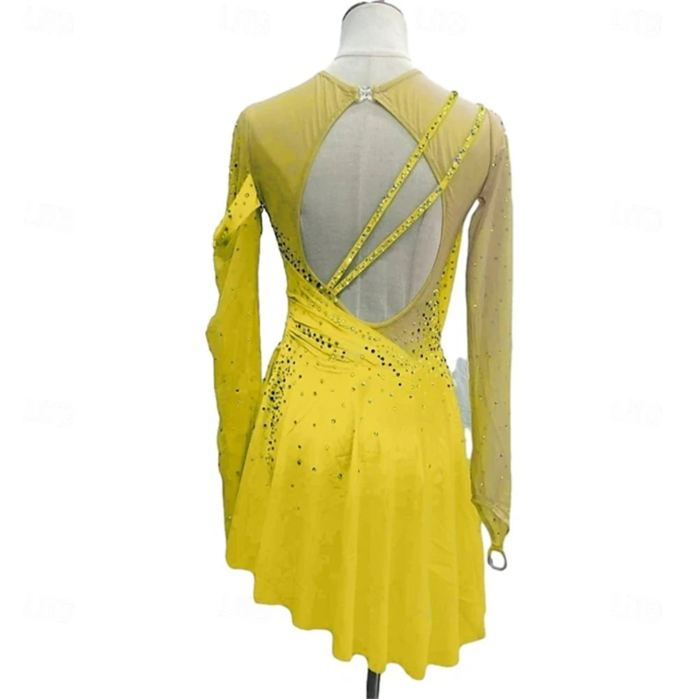 Figure Skating Dress Girl Patchwork Thumbhole Mesh Spandex Stretchy Training Practice Professional Skating Wear Rhinestone Long