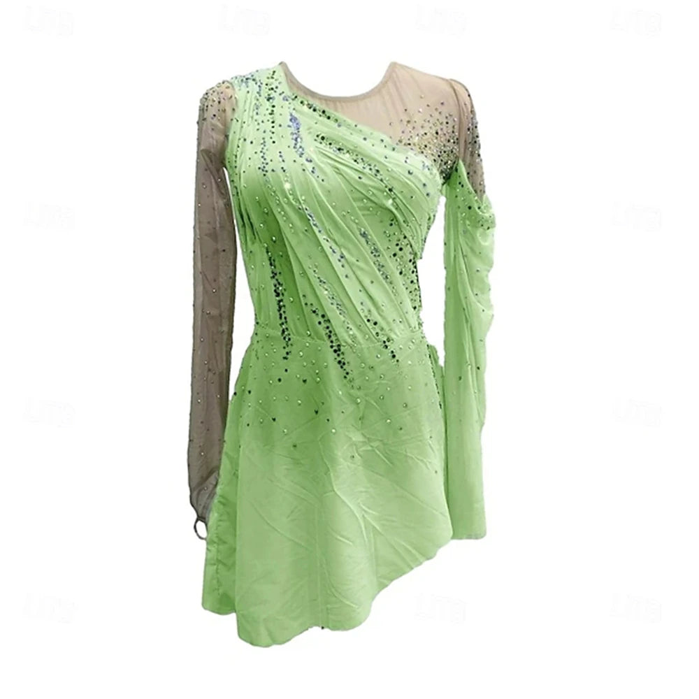 Figure Skating Dress Girl Patchwork Thumbhole Mesh Spandex Stretchy Training Practice Professional Skating Wear Rhinestone Long