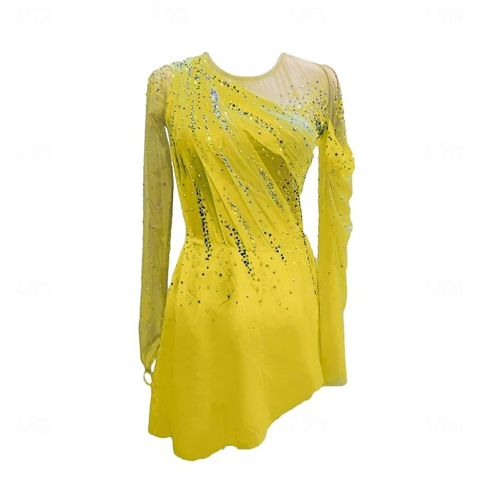 Figure Skating Dress Girl Patchwork Thumbhole Mesh Spandex Stretchy Training Practice Professional Skating Wear Rhinestone Long