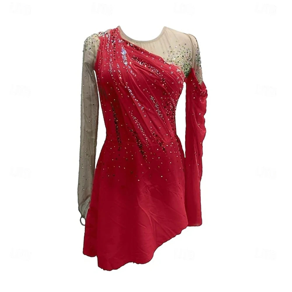 Figure Skating Dress Girl Patchwork Thumbhole Mesh Spandex Stretchy Training Practice Professional Skating Wear Rhinestone Long