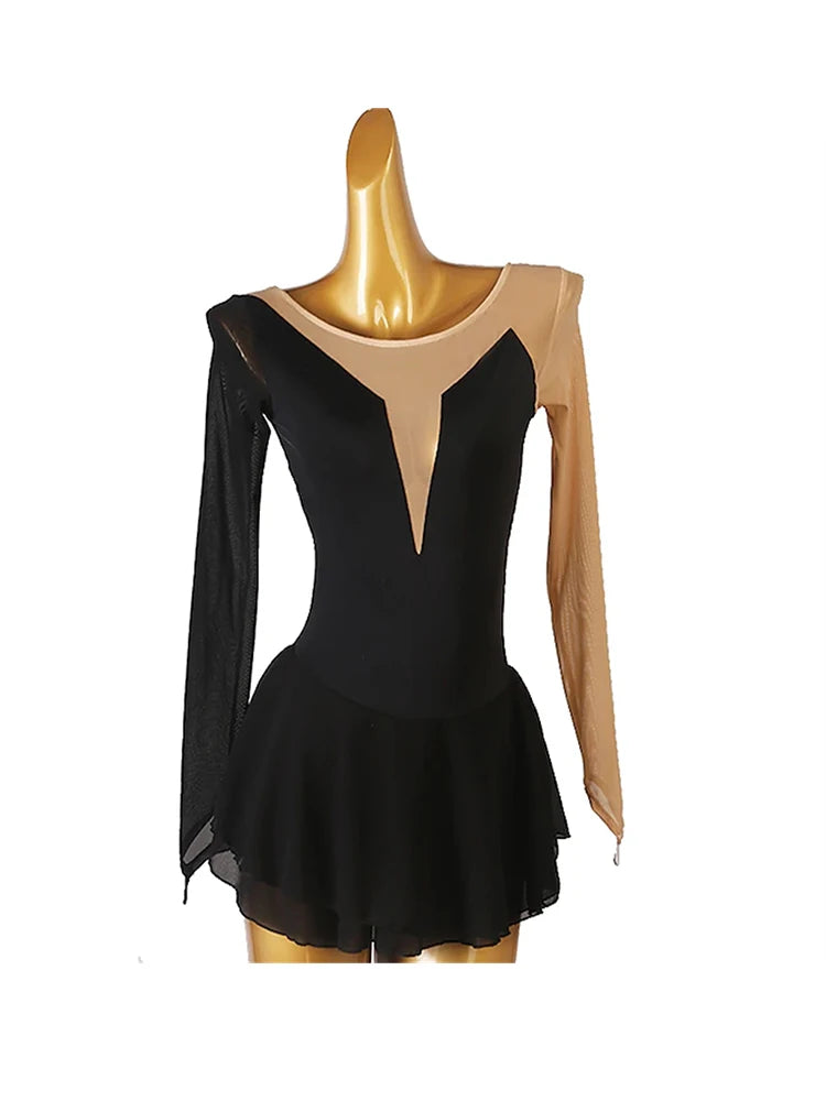 Girls' Ice Skating Dress Open Back Mesh High Elasticity Training Competition Skating Wear Classic Long Sleeve Figure Skating