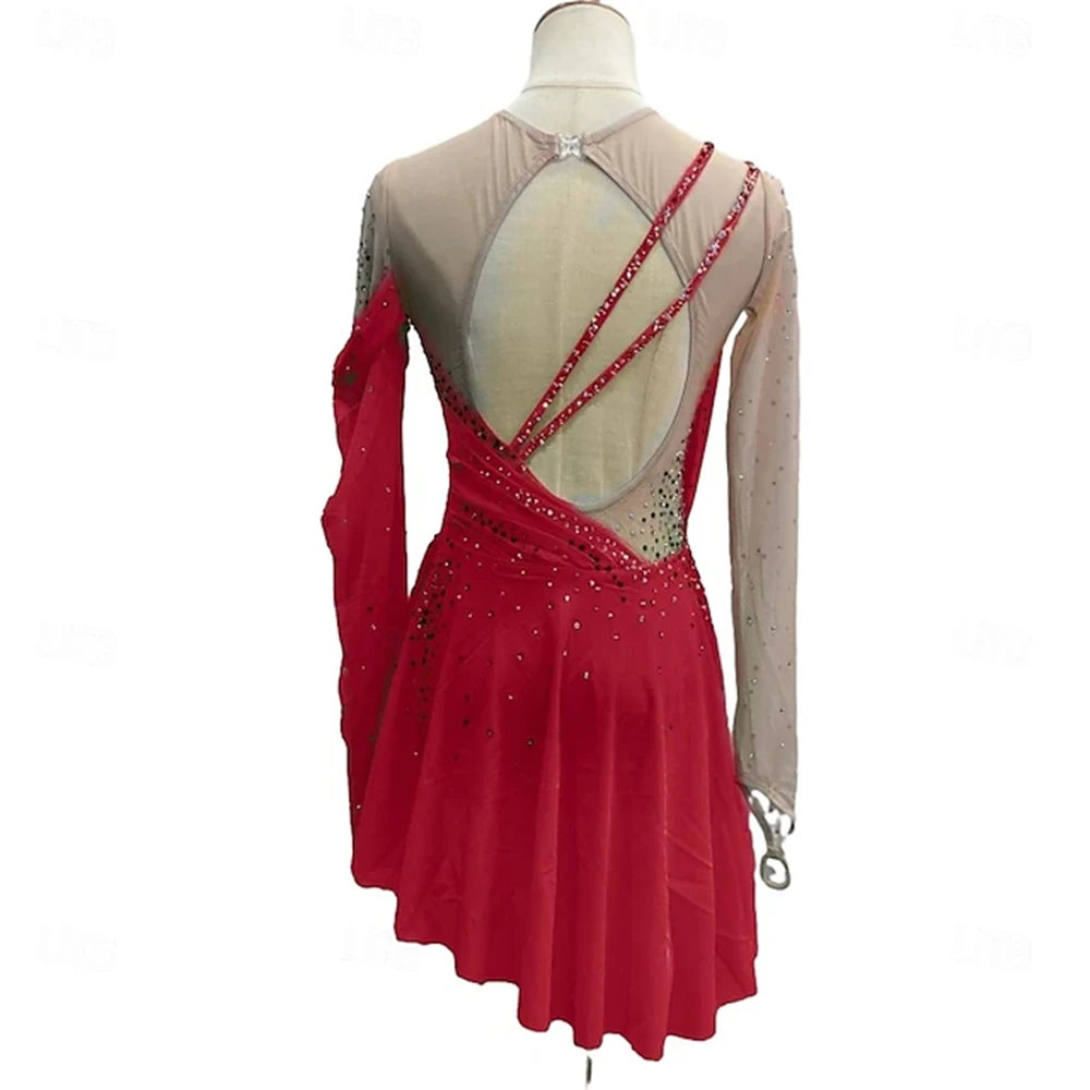 Figure Skating Dress Girl Patchwork Thumbhole Mesh Spandex Stretchy Training Practice Professional Skating Wear Rhinestone Long