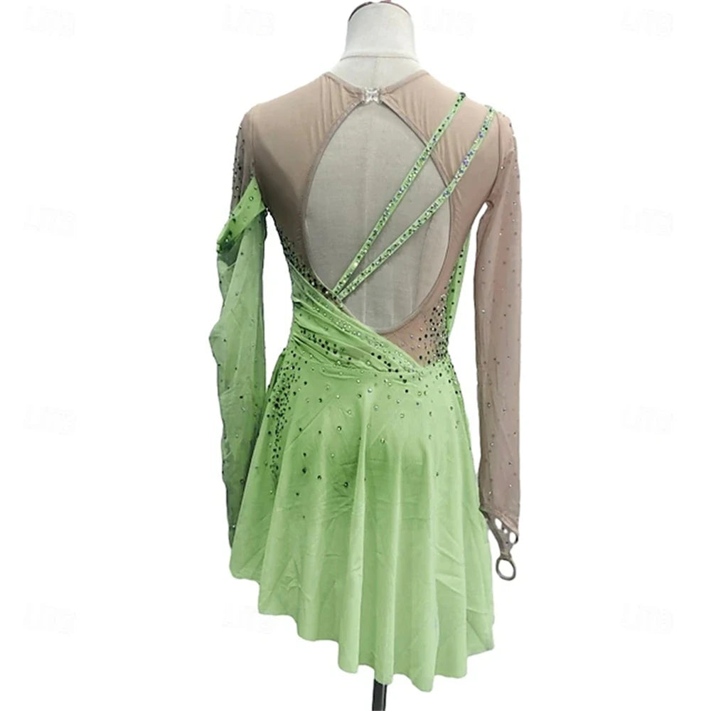 Figure Skating Dress Girl Patchwork Thumbhole Mesh Spandex Stretchy Training Practice Professional Skating Wear Rhinestone Long