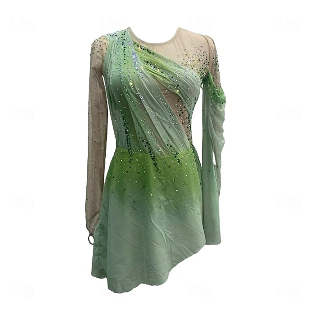 Figure Skating Dress Girl Patchwork Thumbhole Mesh Spandex Stretchy Training Practice Professional Skating Wear Rhinestone Long