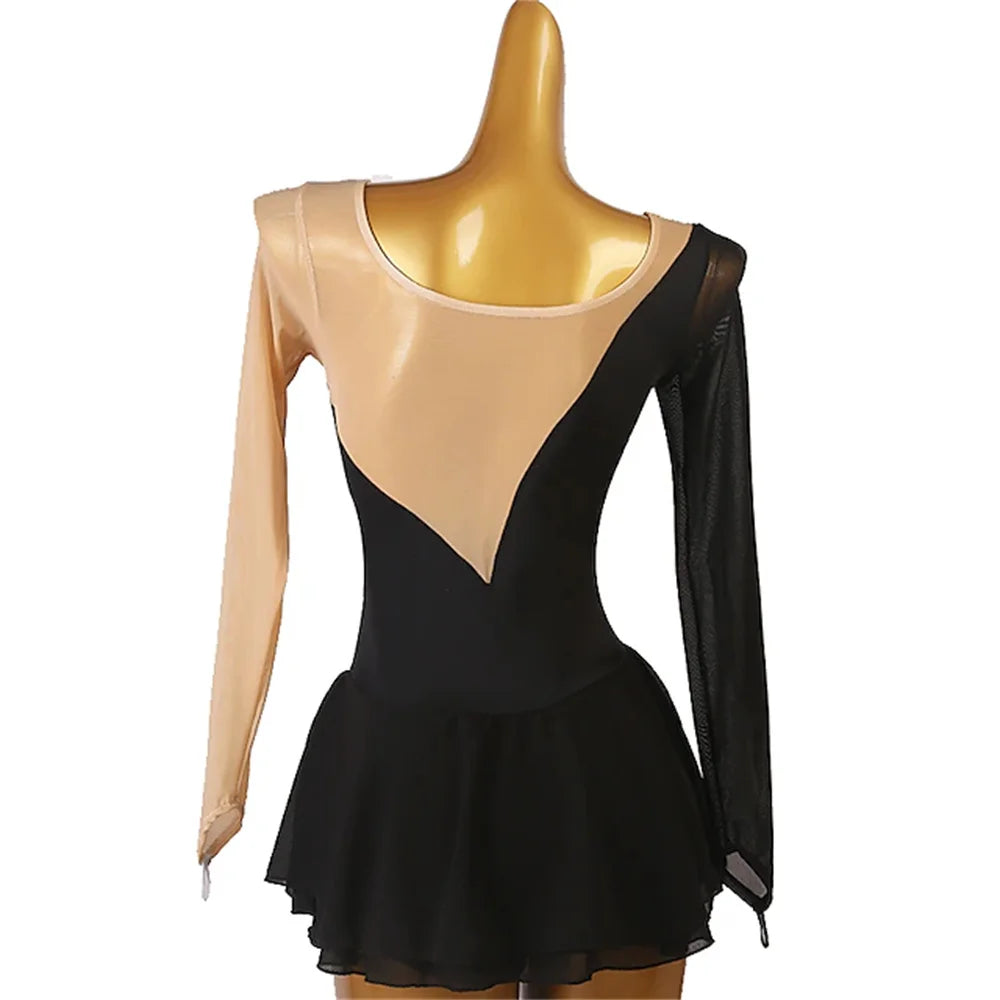 Girls' Ice Skating Dress Open Back Mesh High Elasticity Training Competition Skating Wear Classic Long Sleeve Figure Skating
