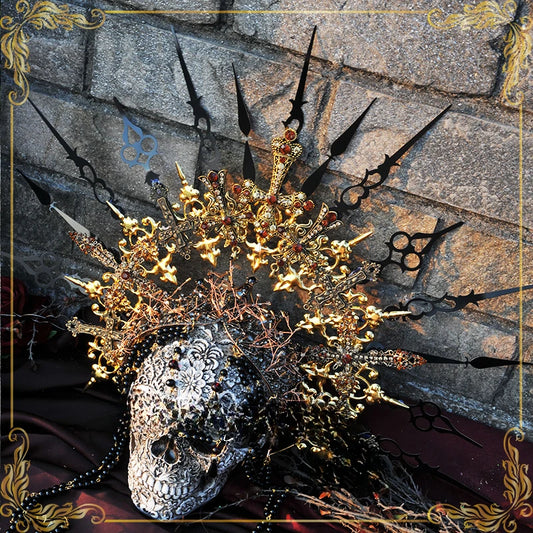 Couronne de perles en métal exquise, accessoires pour cheveux avec pendentif en dentelle et strass, pour costume, cosplay, fête d'Halloween