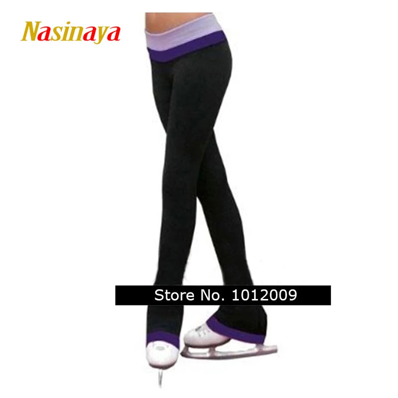 Women's Figure Skating Competition Training Pants Tight Fit Warm Black With Colored Belt