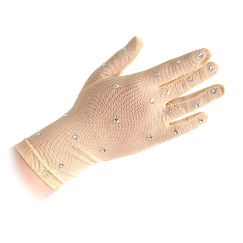 Figure Skating Gloves Competition Mesh Rhinestones Kids Adult Pair Wrist Protection