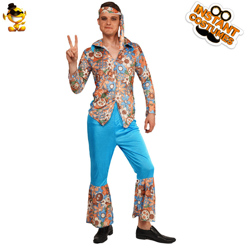 Disfraz de discoteca hippie retro de los años 70 para hombre, atuendo de fiesta rockera