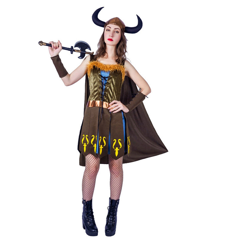 viking hunter costume with horns for halloween cosplay stage performance