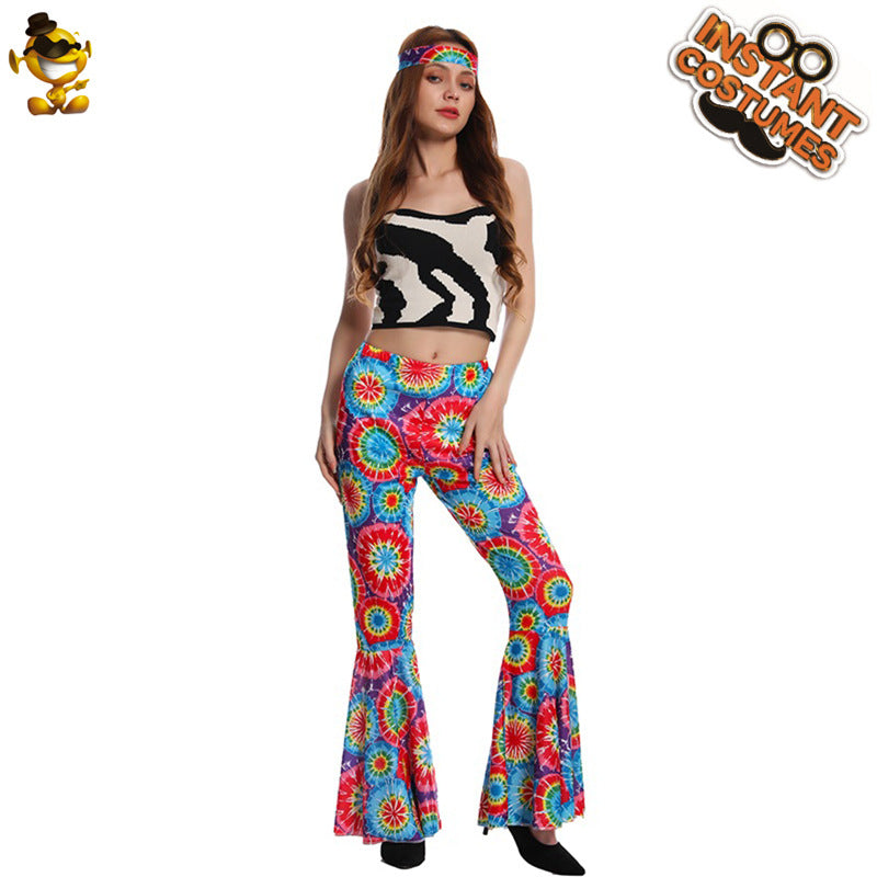 Pantalon évasé hippie vintage pour femme, tenue de soirée, cosplay, Halloween, années 70
