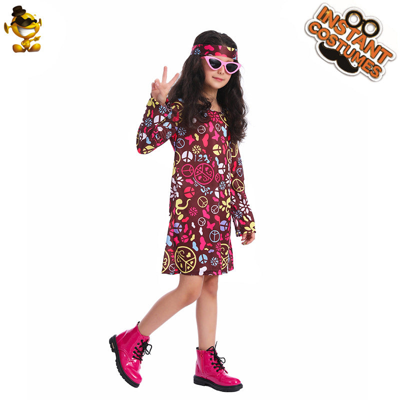 girls hippie costume vintage colorful dress for stage performance cosplay halloween