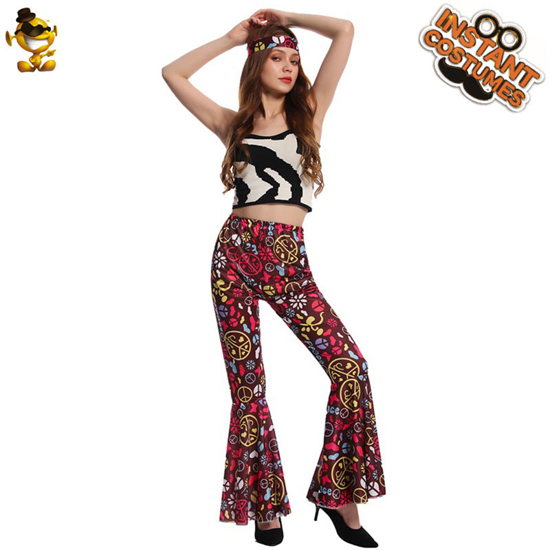 Pantalon évasé hippie vintage pour femme, tenue de soirée, cosplay, Halloween, années 70