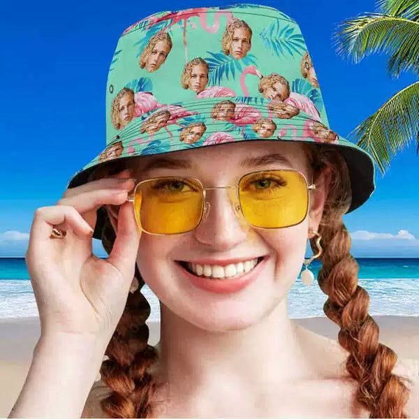 Custom Face Bucket Hat Flamingo Tropical Hat (Green) img 2