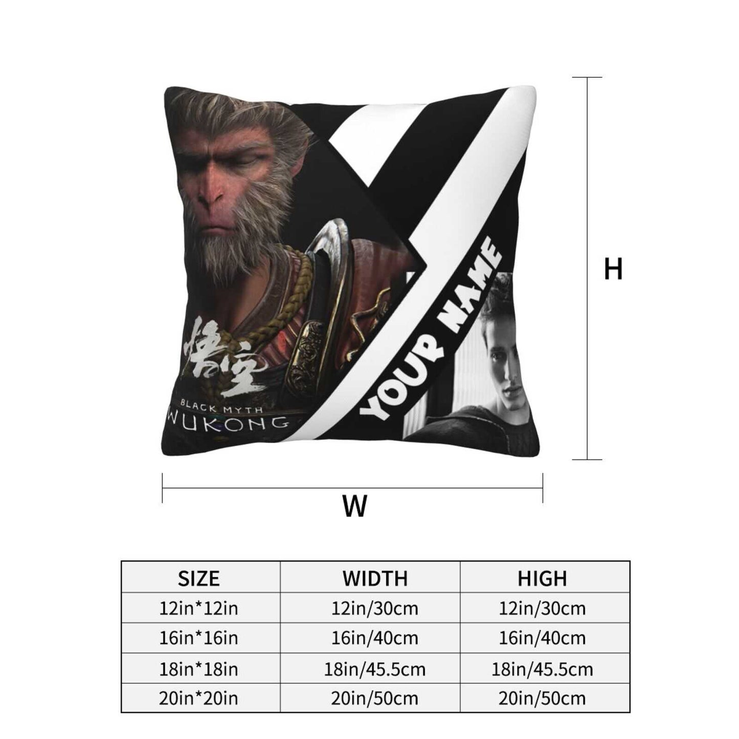 Taie d'oreiller Wukong Myth noire personnalisée avec nom et photo