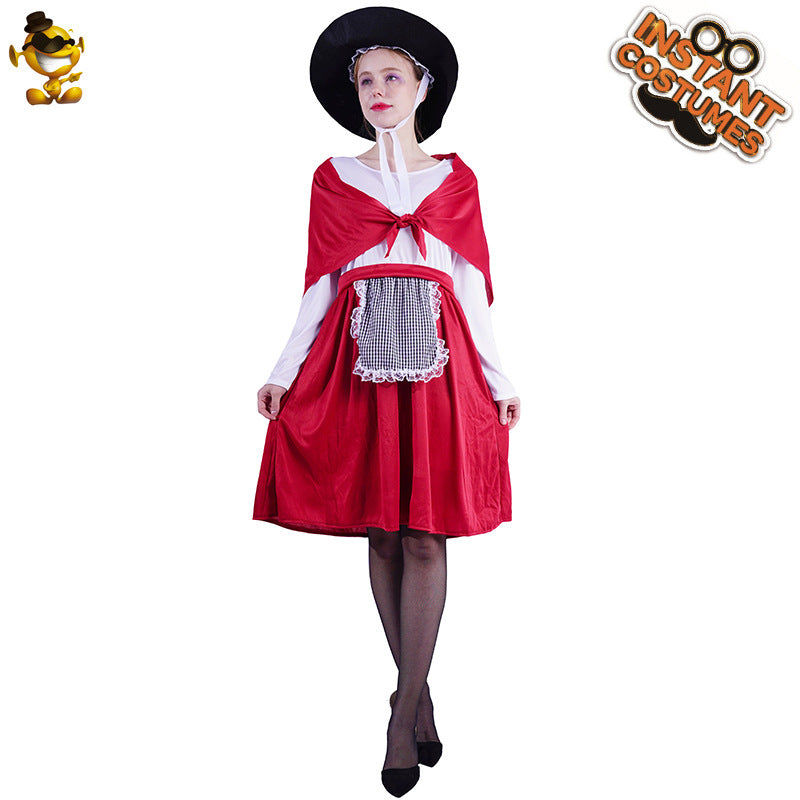 red and white vintage maid dress for women Halloween cosplay costume long sleeve apron dress