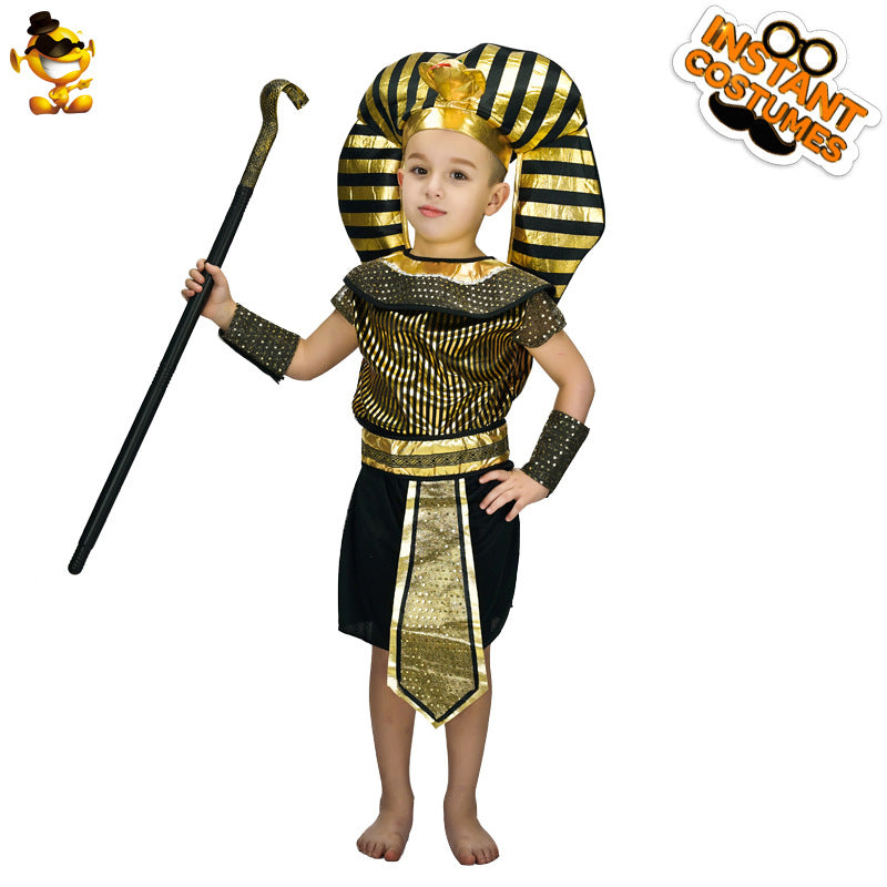 Disfraz de faraón egipcio para niños, ideal para fiestas infantiles de Halloween y presentaciones escénicas.