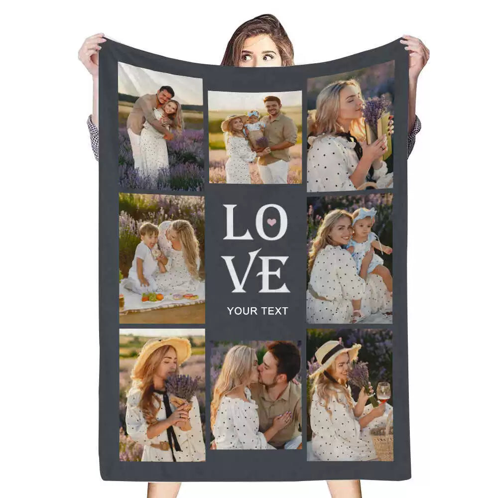 Couverture polaire personnalisée avec 8 photos et texte « Love »