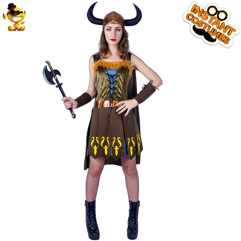 viking hunter costume with horns for halloween cosplay stage performance