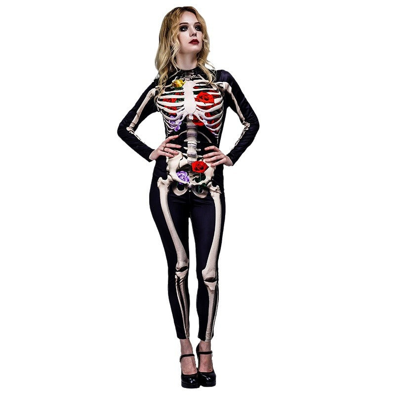 Halloween women's scary rose skeleton jumpsuit cosplay costume for adults