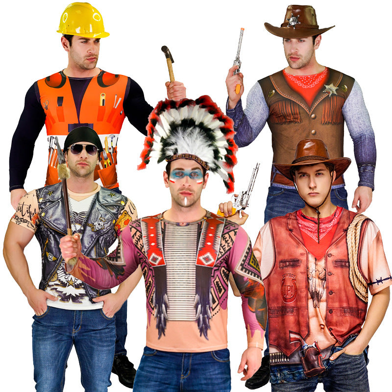 Halloween digital print t-shirt cowboy firefighter pirate caveman costume for stage party cosplay