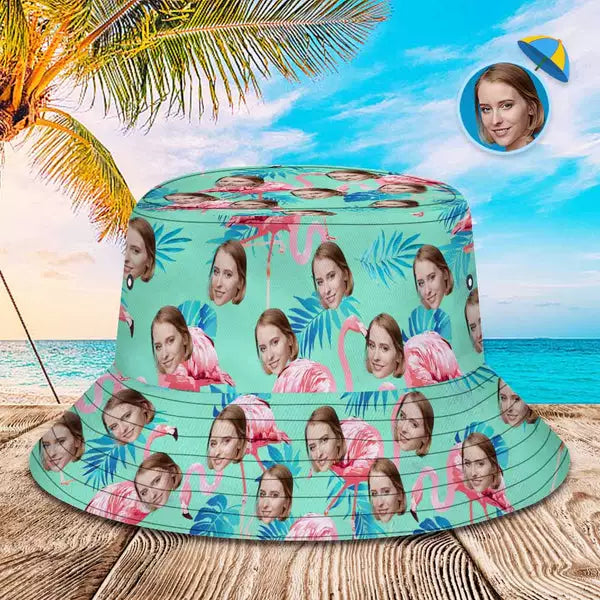 Custom Face Bucket Hat Flamingo Tropical Hat (Green) img 1