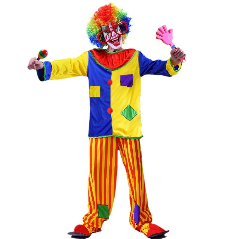 Disfraz de payaso para hombre con parches, ideal para fiestas de Halloween o para actuaciones escénicas.
